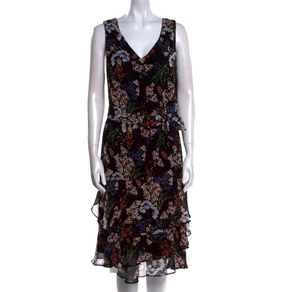 Teri Jon Rickie Freeman Black Floral Chiffon Tiered Ruffle Midi Dress